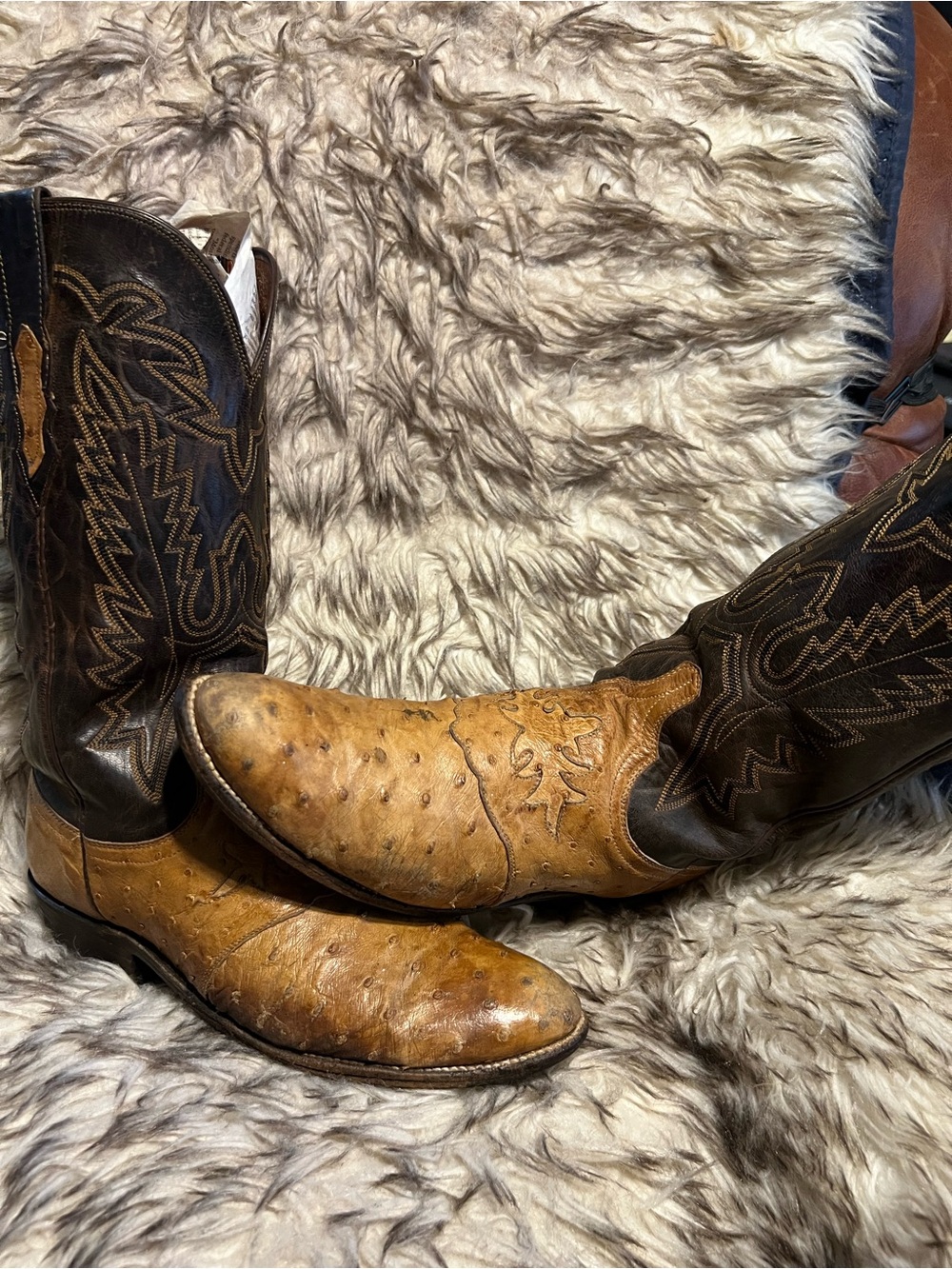 Lucchese Two-Tone Ostrich & Leather Brown and Dark Brown Cowboy Boots Sz 9 D